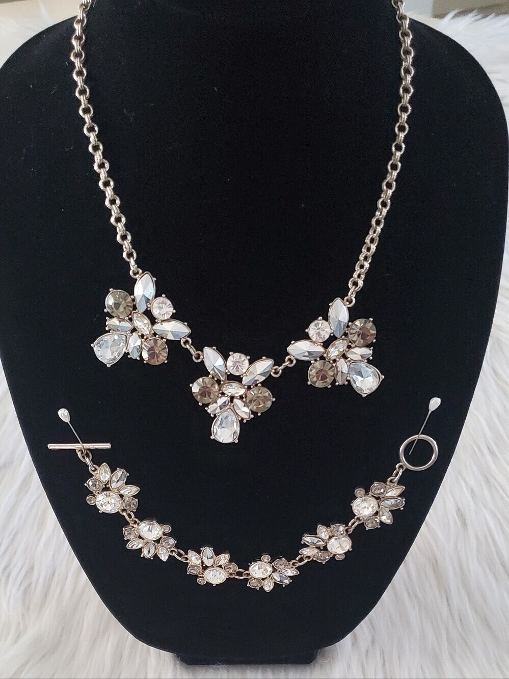 WHBM Crystal Floral Smoky Grey Statement Necklace & Bracelet Set Silver Tone